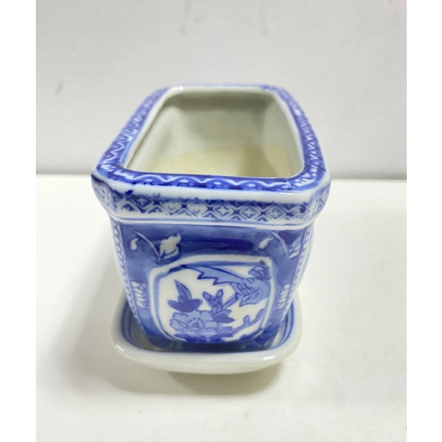 Blue & White Chinoiserie Planter With Tray – Rectangular Porcelain Cachepot, Orchid Planter For Sale In Louisville - Image 6 of 11