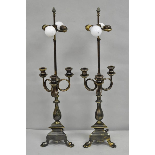 Traditional Late 20th Century Frederick Cooper French Empire Brass Patina Trumpet Candelabra Table Lamp Pair For Sale - Image 3 of 12