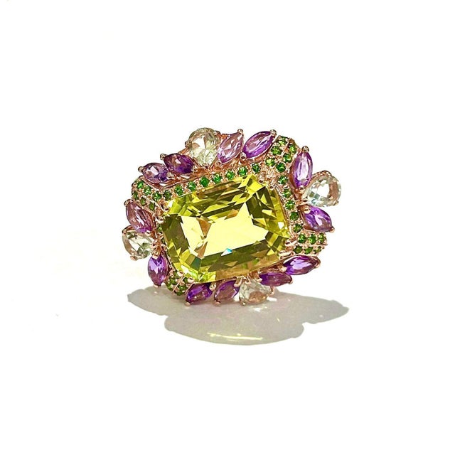 Yellow Bochic "Capri" Vintage Amethyst, Garant & Lemon Quartz Ring Set In 18K Gold & Silver For Sale - Image 8 of 18