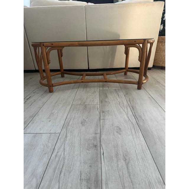 1980s Glass Top Rattan Coffee Table For Sale - Image 4 of 6
