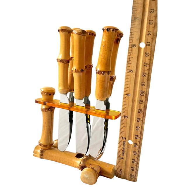 Vintage Midcentury Solingen Rostfrei Germany Bamboo-Handled Stainless Steel Appetizer or Butter Spreader Knives With Bamboo Stand, Set of 6 For Sale In Jacksonville, FL - Image 6 of 7