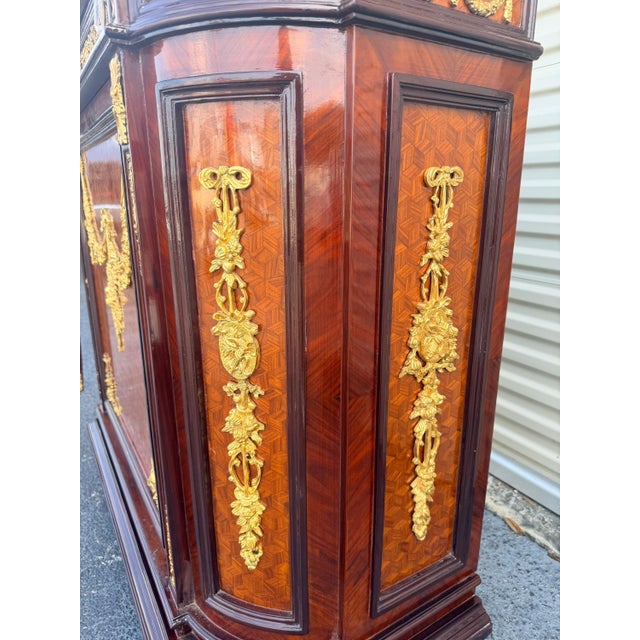 Wood 1960s French Louis XVI Marble Top Cabinet Marquetry Inlay, Gilt Bronze Ormolu, Luxury Accent Cabinet For Sale - Image 7 of 8