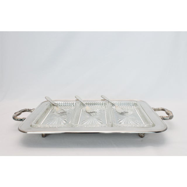 Vintage Leonard Silver Plate Serving Tray With Glass Inserts and Forks