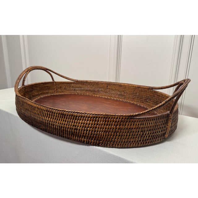 Coffee Vintage Monumental Oval Wicker Rattan & Wood Double Handled Tray For Sale - Image 8 of 9