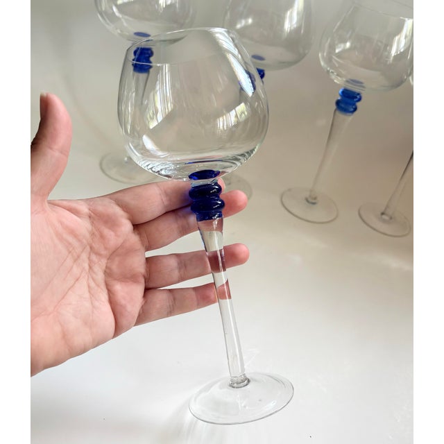 Vintage Wine Glasses With Cobalt Blue Beehive Stem Detail – Set of 6 For Sale - Image 9 of 11