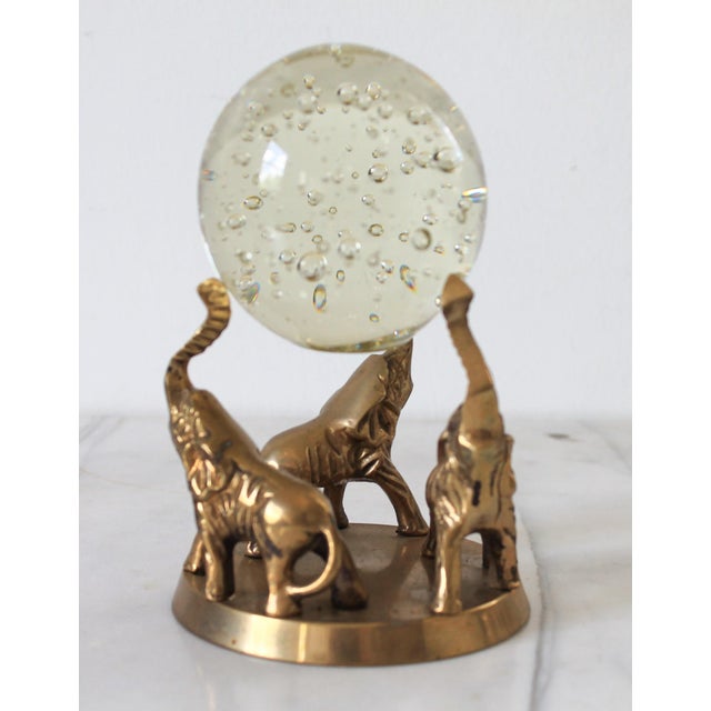 Mid-Century Modern Vintage Brass Elephant Trio Base W/ Bubble Art Glass Sphere For Sale - Image 3 of 10