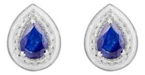 14k Solid White Gold Blue Sapphire Pear Cut Solitaire Stud, a Pair