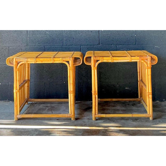Wood Vintage Boho Stick Rattan Side Tables - A Pair For Sale - Image 7 of 10