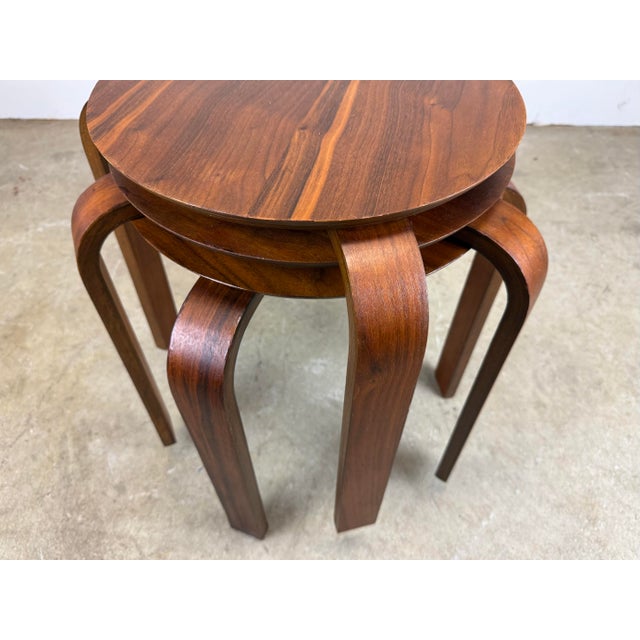 Wood Mid Century Modern Alvar Aalto Style Teak Stacking Stools Side Tables Restored—Set of 3 For Sale - Image 7 of 12