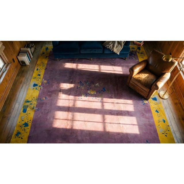 Mauve Delicate Orange Border Floral in a Mauve Background Color Antique Chinese Art Deco Rug For Sale - Image 8 of 9