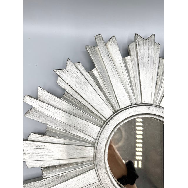 Contemporary Silver Wooden Sunburst Mirror For Sale - Image 3 of 8