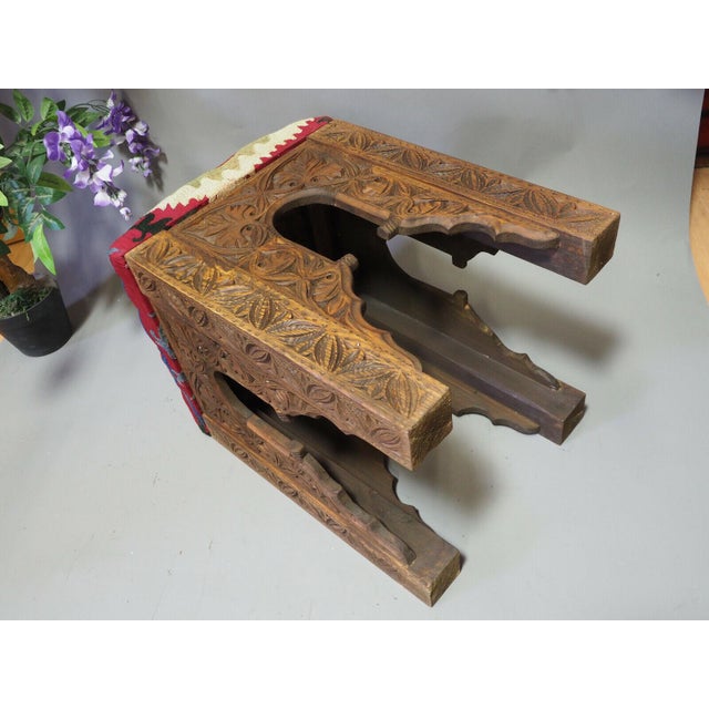 Wood Vintage Hand-Carved Wooden Stoll Chair, Afghanistan For Sale - Image 7 of 14