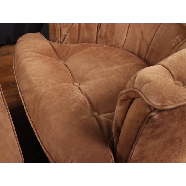 Animal Skin Pair of Mid 20th Century Full Grain Suede Leather Rolling Club Chairs For Sale - Image 7 of 13