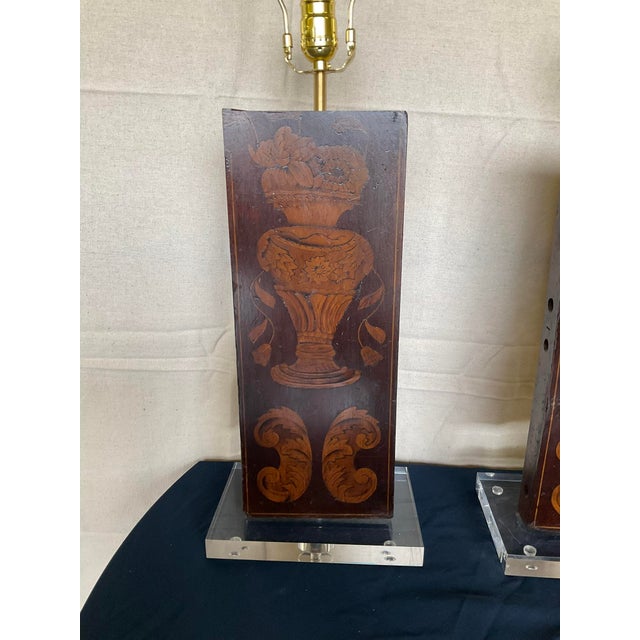 Pair Antique Marquetry Architectural Fragment Lamps W/Lucite Bases For Sale - Image 4 of 12
