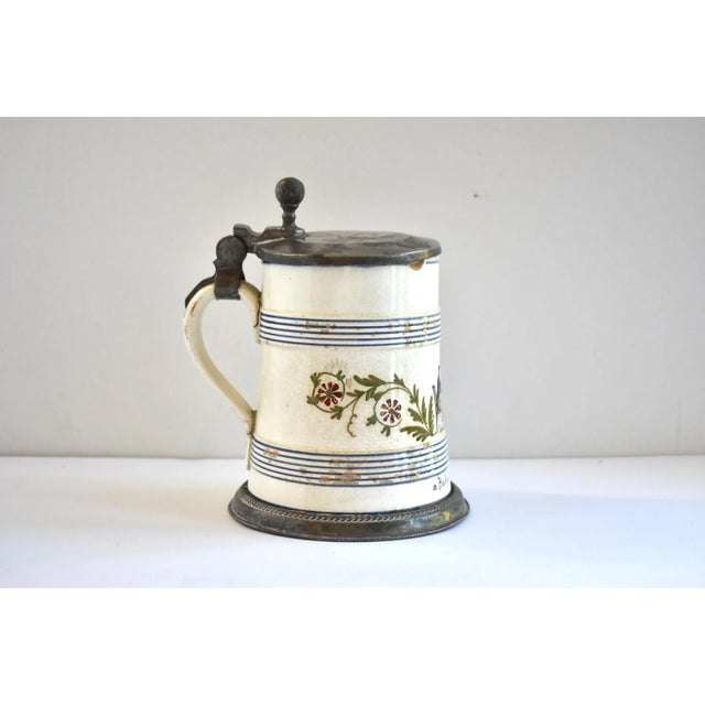Antique Early 19th-Century German Pewter-Mounted Faience Tankard For Sale - Image 4 of 11