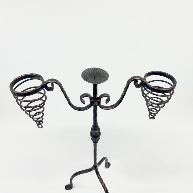 Metal Hand Forged Iron Candelabra 26.5″ (67cm) Sculptural Spiral Single Candle Stand Antique Finish For Sale - Image 7 of 11