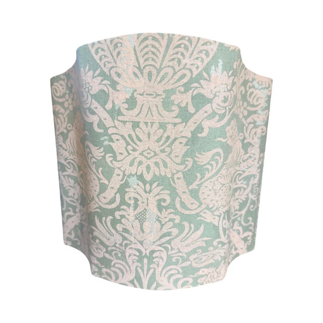 Vintage Italian Fortuny Fabric Half Drum Pair of Green Lamp Shades.