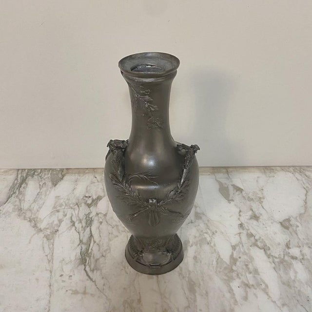 Art Nouveau French Belle Époque Pewter Vase With Laurel Garland For Sale - Image 3 of 12