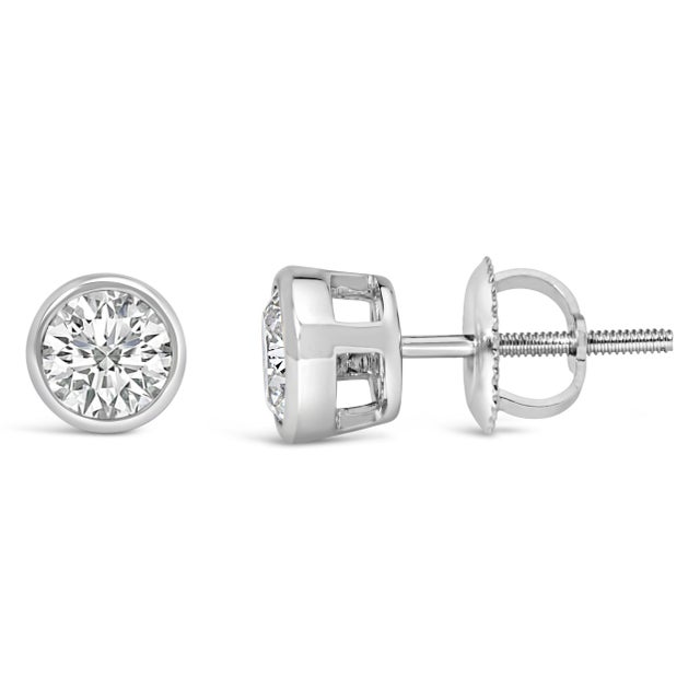 Contemporary 14K White Gold 1.0 Cttw Lab Grown Diamond Screw-Back Classic Bezel Solitaire Stud Earrings (G-H Color, VS2-SI1 Clarity) For Sale - Image 3 of 5