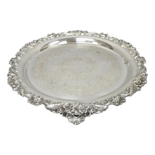 Vintage Wilcox Victorian Silver Plated Round Ornate Footed Salver Serving Tray For Sale