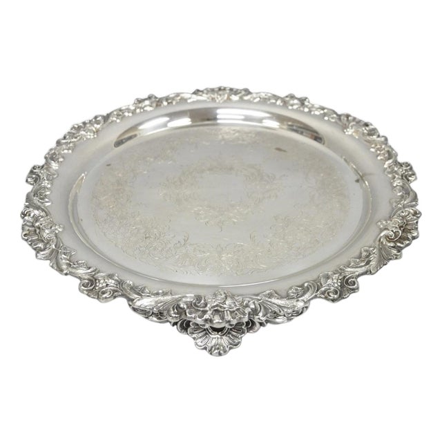 Vintage Wilcox Victorian Silver Plated Round Ornate Footed Salver Serving Tray For Sale