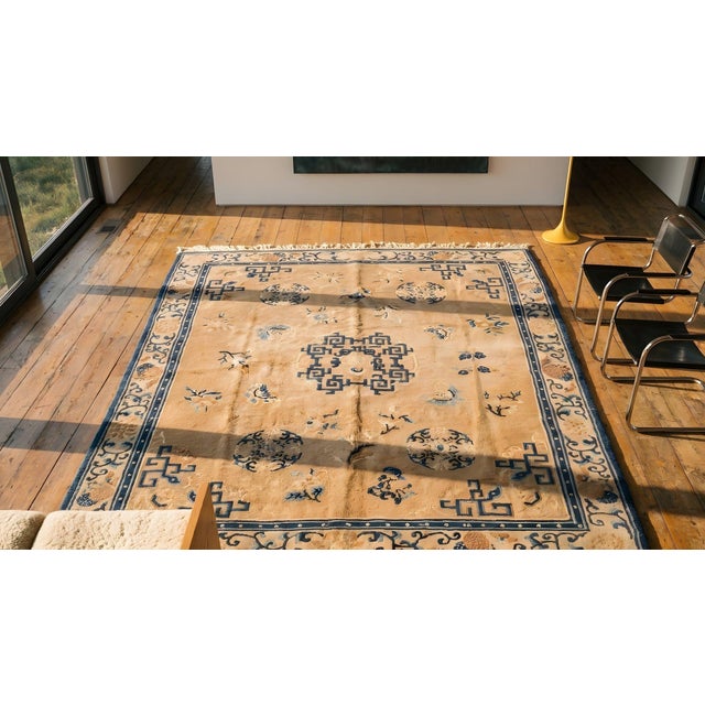 1900s Beige Medallion Floral Antique Chinese Ningxia Carpet 8' X 9'6" Knotted Wool Rug For Sale - Image 16 of 17