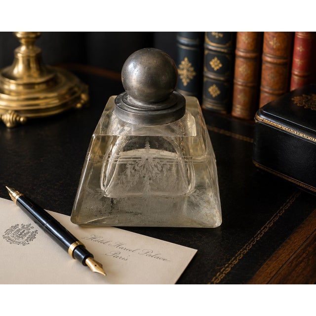 Victorian Antique Art Deco Frosted Glass Inkwell With Pewter Orb Lid For Sale - Image 3 of 12
