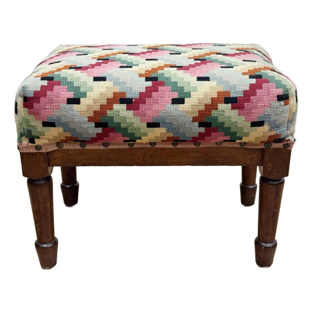 Vintage Colorful Patterned Needlepoint Footstool For Sale