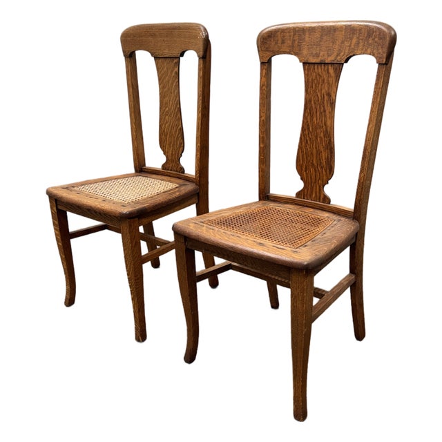 Limbert Style Oak Cane Side Chairs, Vintage Pair For Sale