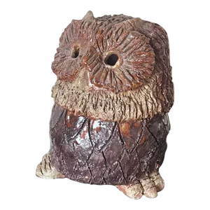 Vintage Brutalist Pottery Candle Holder Fairy Light in Folk Art Owl Form
