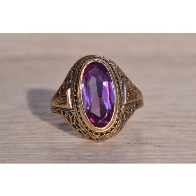 Gold The Mount Elbert: Elongated Oval Sapphire in Antique Filigree Ring For Sale - Image 8 of 11