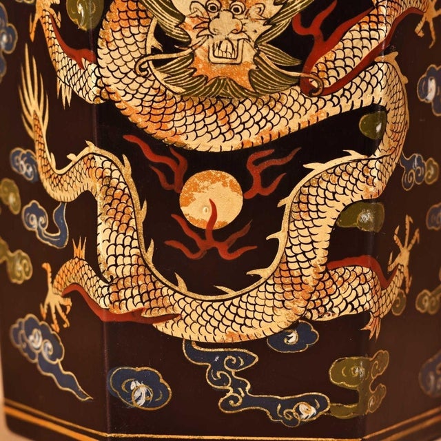 Vintage Hand-Painted Gilt Black Lacquer Hexagonal Brush Pot With Dragon Motif For Sale In Los Angeles - Image 6 of 9