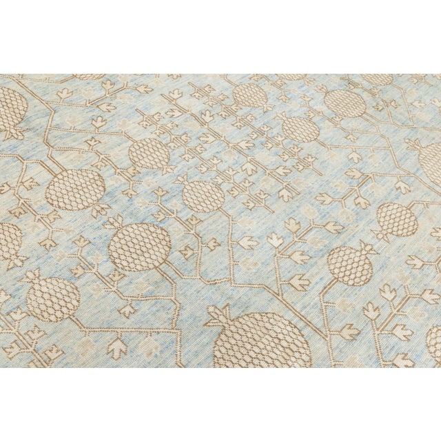 Textile Modern Khotan Style Pomegranate Tree Rug – Sky Blue & Ivory Hand-Knotted Wool For Sale - Image 7 of 11