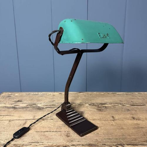 Erpé banker's lamp with turquoise enamel shade from Belgium, 1930s. We have fully restored this lamp, applying a coat of...