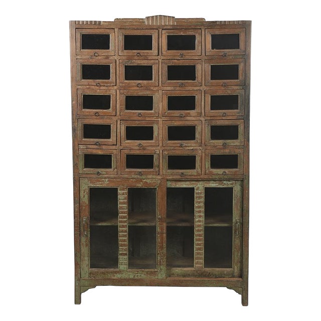 Wooden Display Cabinet with 20 Glass Compartments For Sale