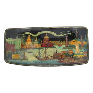 Russian Saint Petersburg Kholuy Style Hand Painted Panoramic Lacquer Box Signed For Sale
