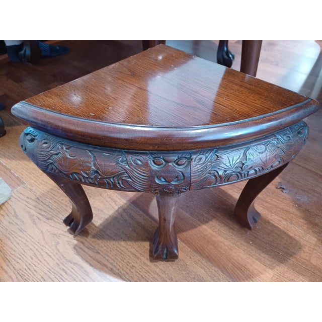 Wood 20th Century Asian Mahogany Carved Tea Table and Stools - 7 Pieces For Sale - Image 7 of 8