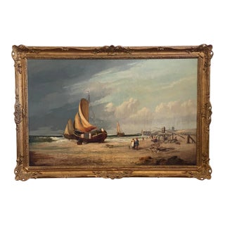 19th Century Fishing Boats Oil Painting H E Cook For Sale
