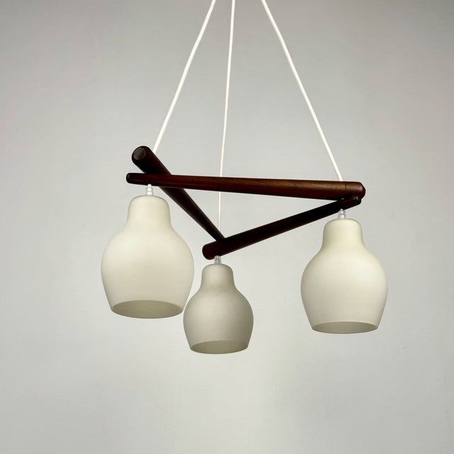 Wood Mid-Century Modern Scandinavian Triangular Teak & White Glass Pendant Light, 1960s For Sale - Image 7 of 10