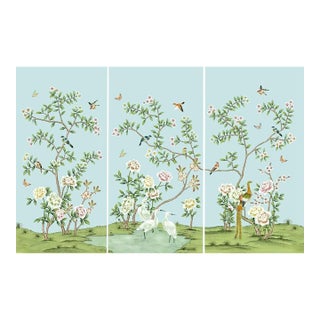W24"*h48"/Panel * a Set of 3 Panels Peony on Light Blue Tea Paper, Wall Artwork, Painting, No Frame, Tea Wallpaper For Sale