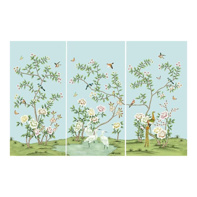 W24"*h48"/Panel * a Set of 3 Panels Peony on Light Blue Tea Paper, Wall Artwork, Painting, No Frame, Tea Wallpaper For Sale