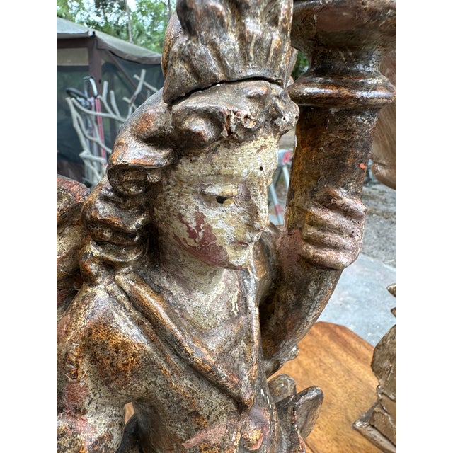 Pair of 18th Century Italian Carved and Polychrome Angel Candlesticks For Sale - Image 4 of 18