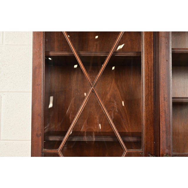 Baker Furniture Georgian Flame Mahogany Bubble Glass Breakfront Bookcase Cabinet With Drop Front Secretary Desk, Circa 1940s For Sale - Image 10 of 14