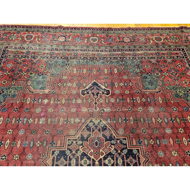 Vintage Turkish Heriz Rug, Hand-Knotted Wool, Geometric Medallion Design, Red & Green, 12x14 For Sale - Image 12 of 16