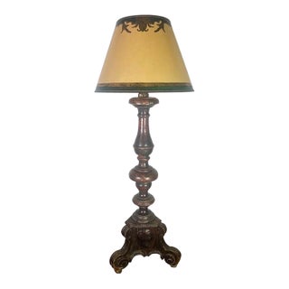 18th Century Baroque Standing Lamp, Carved Wood Base, Parchment Shade For Sale