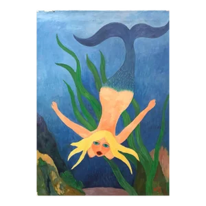 Hajo Malek, Nude Mermaid Under Sea, German Outsider Folk Art OIl Painting, 1998