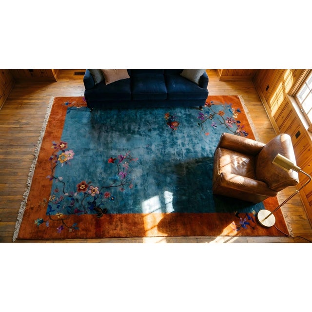 Exceptional Army Green Color Ground With Bits of Chinese Ornament Floral Design Antique Chinese Art Deco Rug For Sale - Image 16 of 18