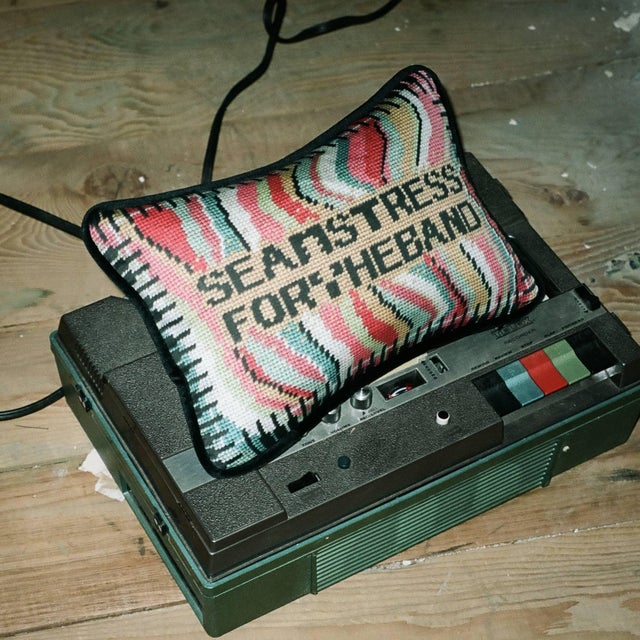 Contemporary Cotton Sateen "Seamstress For The Band" Pillow, Custom Original For Sale - Image 3 of 5