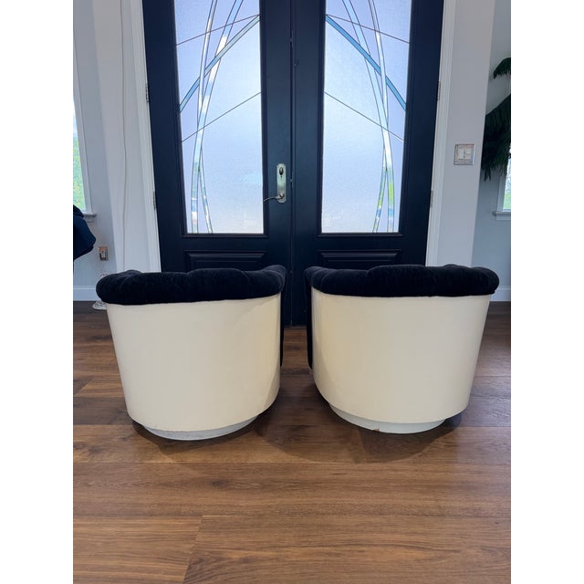 Milo Baughman for Thayer Coggin Pair of 1973 Thayer Coggin Black Chenille Swivel Lounge Chairs on White Drum Bases For Sale - Image 4 of 18