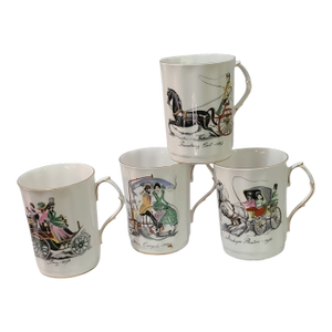 Vintage Royal Windsor England Horse & Carriage Bone China Coffee Mugs- Set of 4